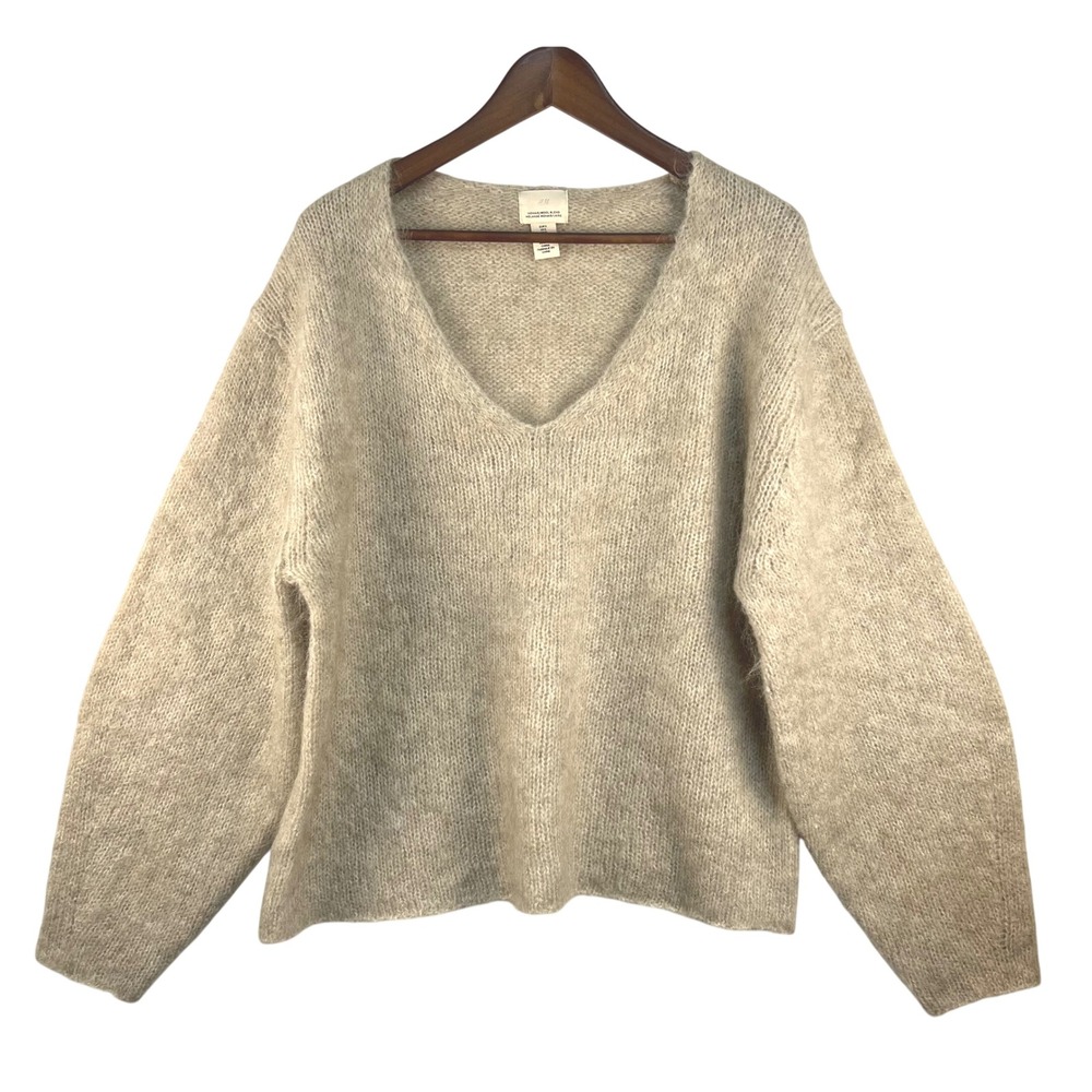 H&M V-Neck Sweater Women S Beige Mohair Wool Blend Oversized Knit Neutral Fuzzy